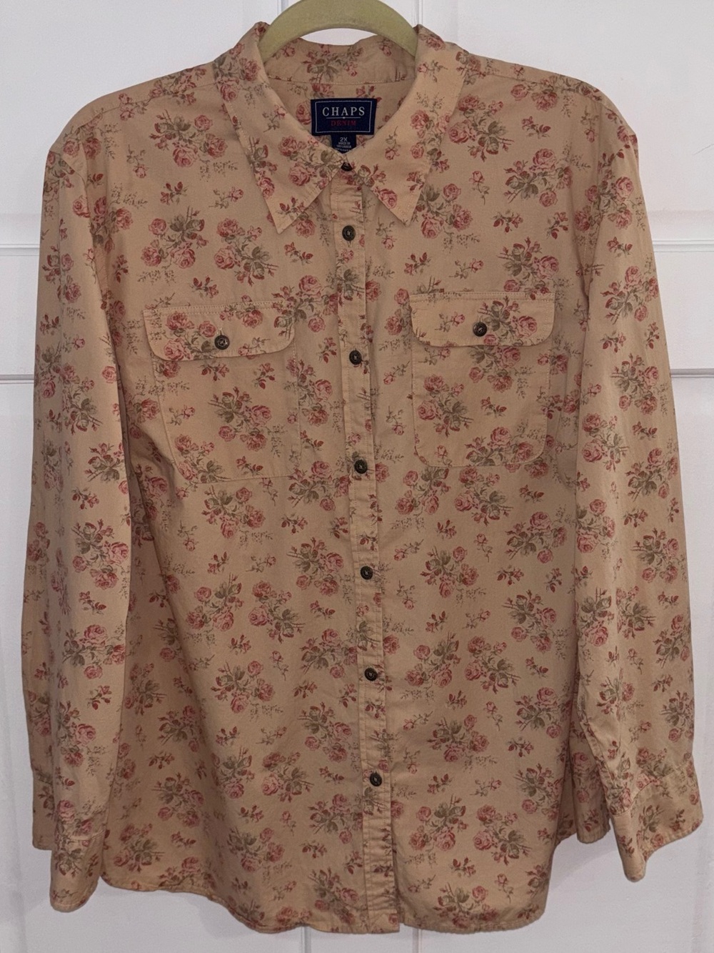 Chaps Women 2x 100% Cotton Shirt Rose Western Print Button Up Front Pockets NWOT